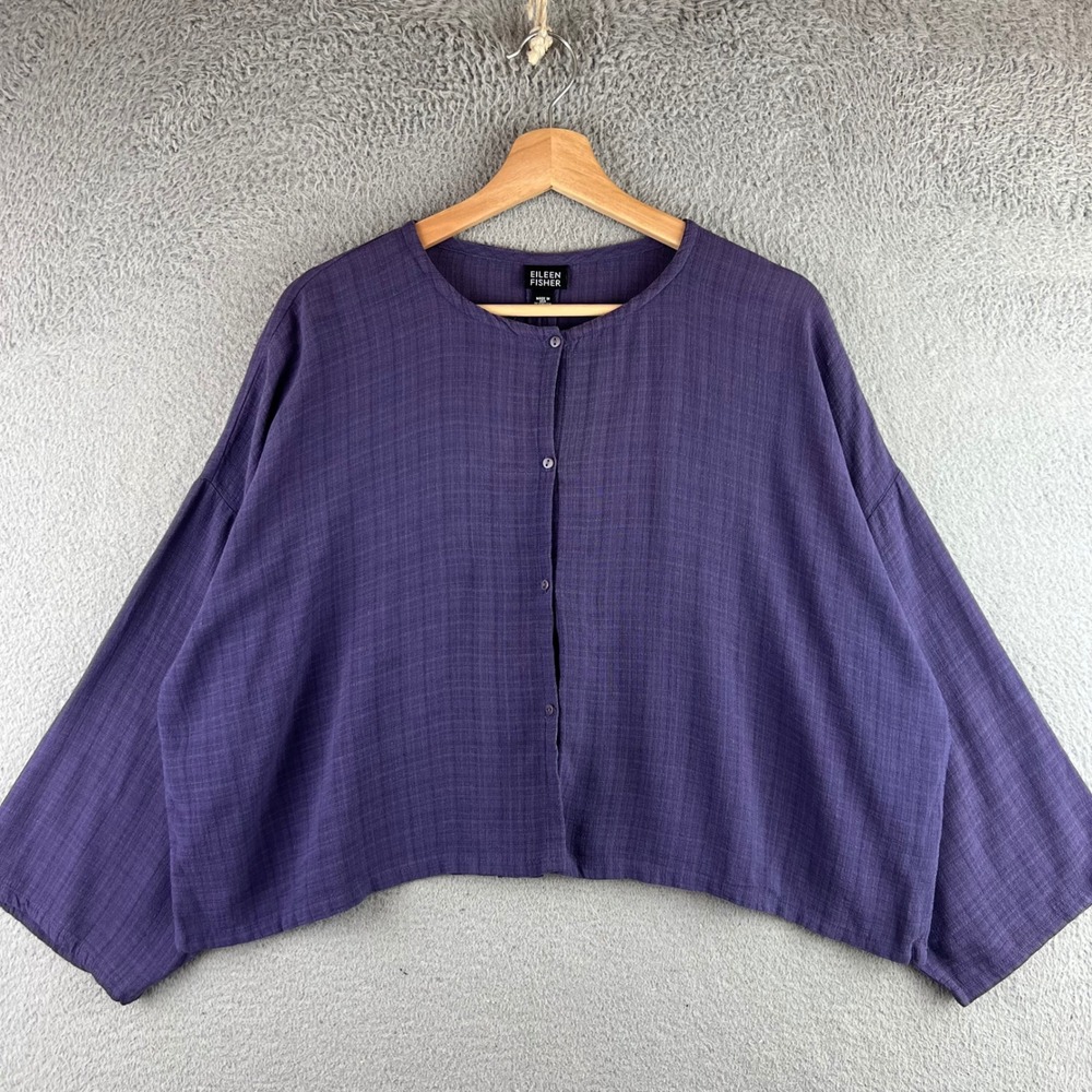 Eileen Fisher Purple Viscose Linen Boxy Button Front Top Large Italian Fabric